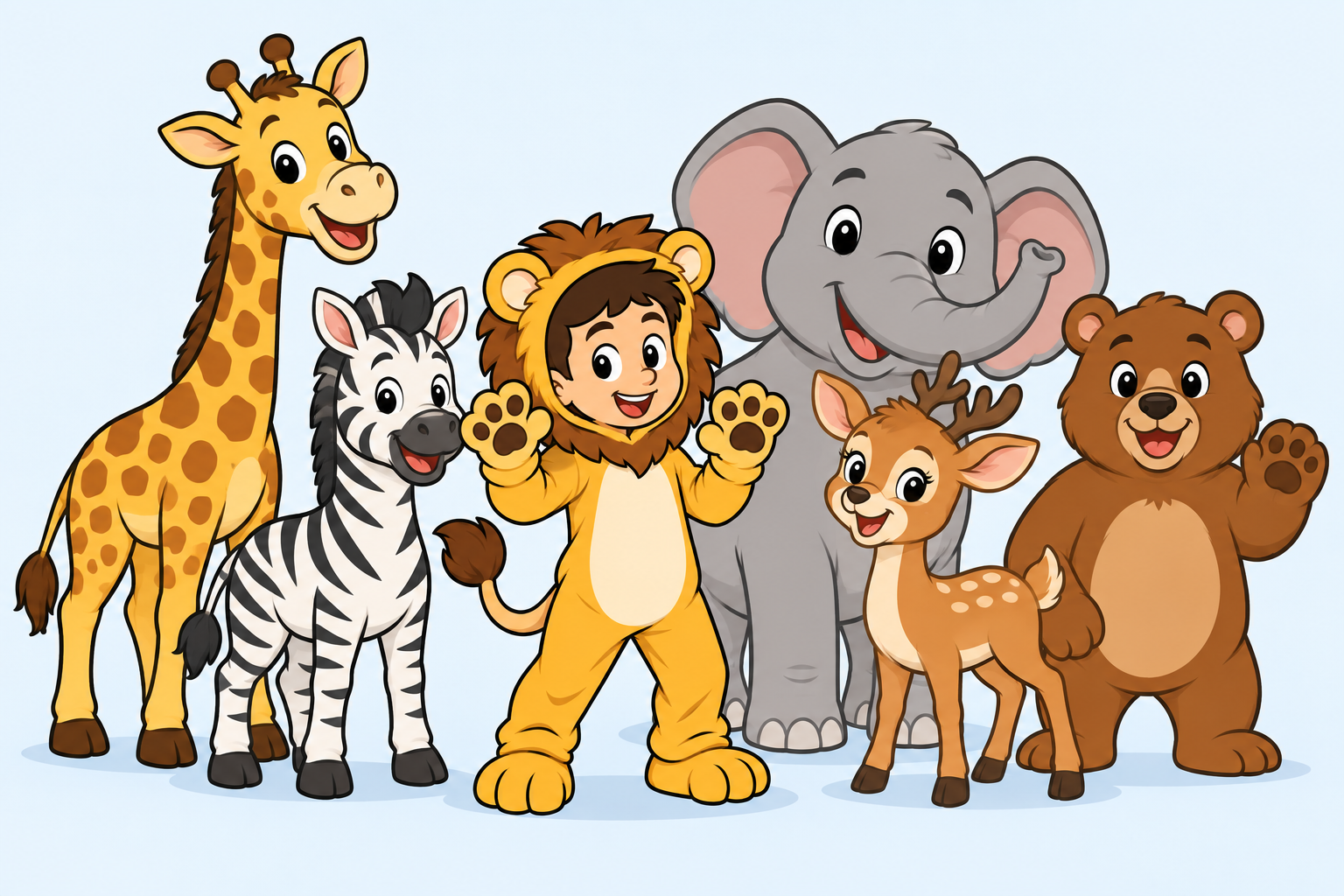Taru in his lion costume, surrounded by a friendly giraffe, elephant, zebra, deer, and bear.