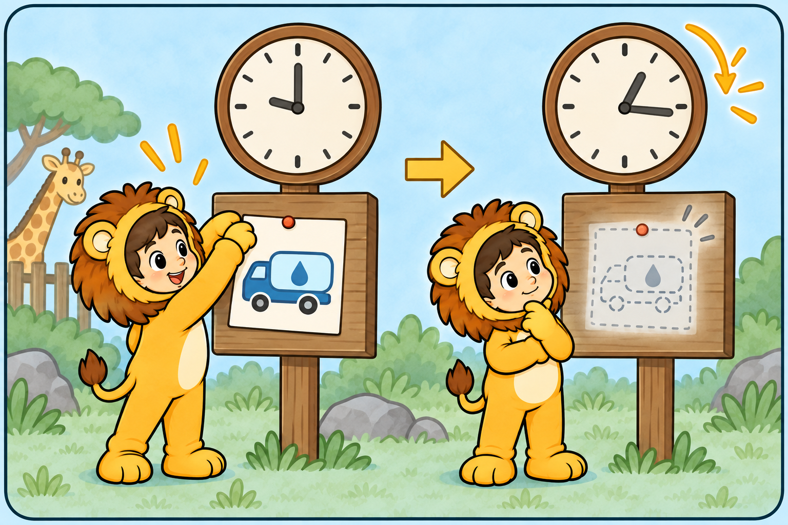 Taru pins a temporary water-truck notice beside a clock; later the notice becomes a dotted outline as time passes.
