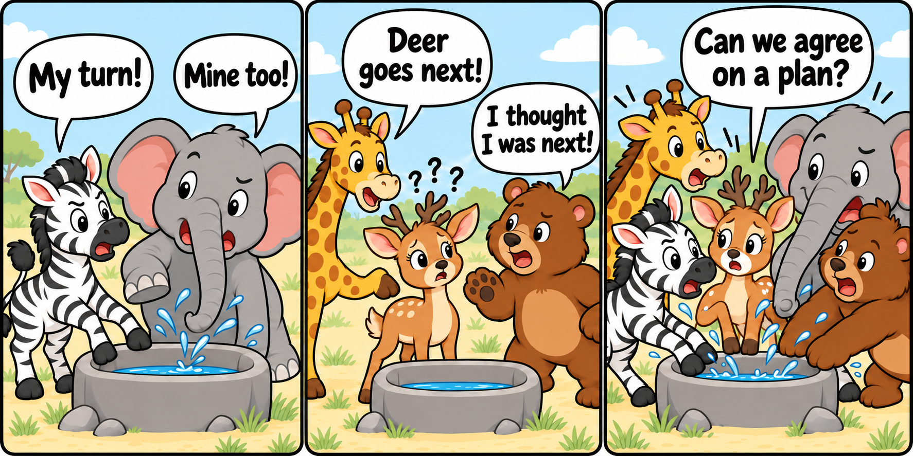 Three comic panels: Zebra and Elephant both claim a turn at the water, Giraffe and Bear disagree about who goes next, then all five animals crowd the trough and splash water. Dialogue is transcribed below.