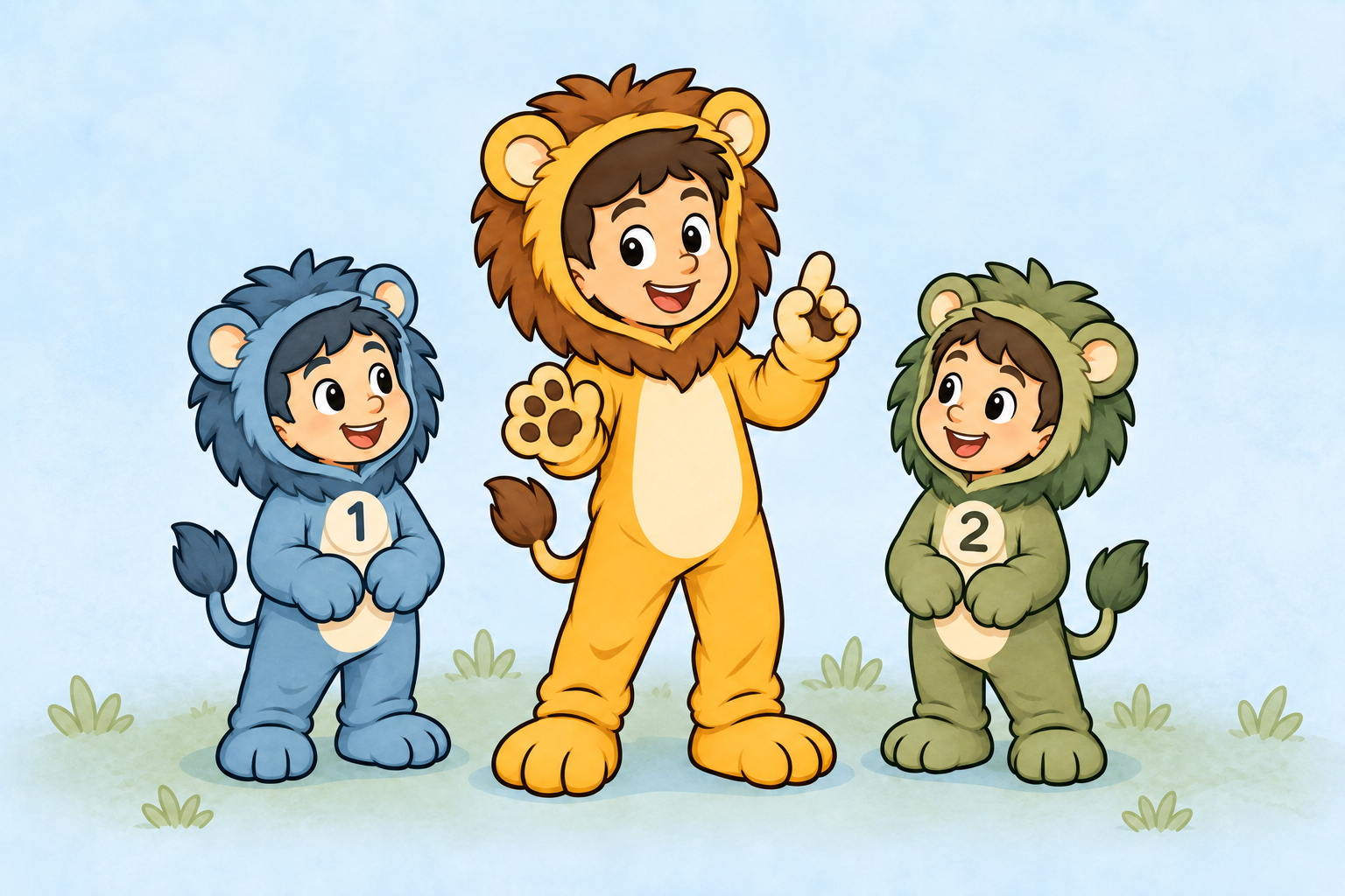 Taru in a golden lion costume stands as the leader among four friendly follower lions in grey, blue, green, and brown costumes, numbered 1 through 4.