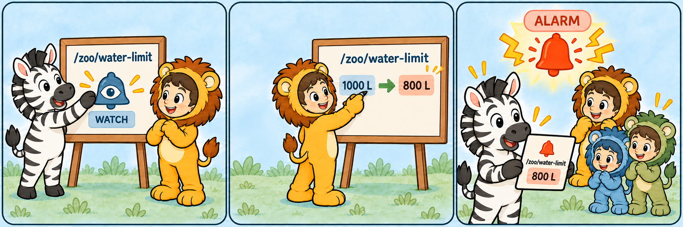 Zebra sets a watch on /zoo/water-limit, Taru changes the value from 1000 litres to 800 litres, and an alarm informs Zebra of the change.