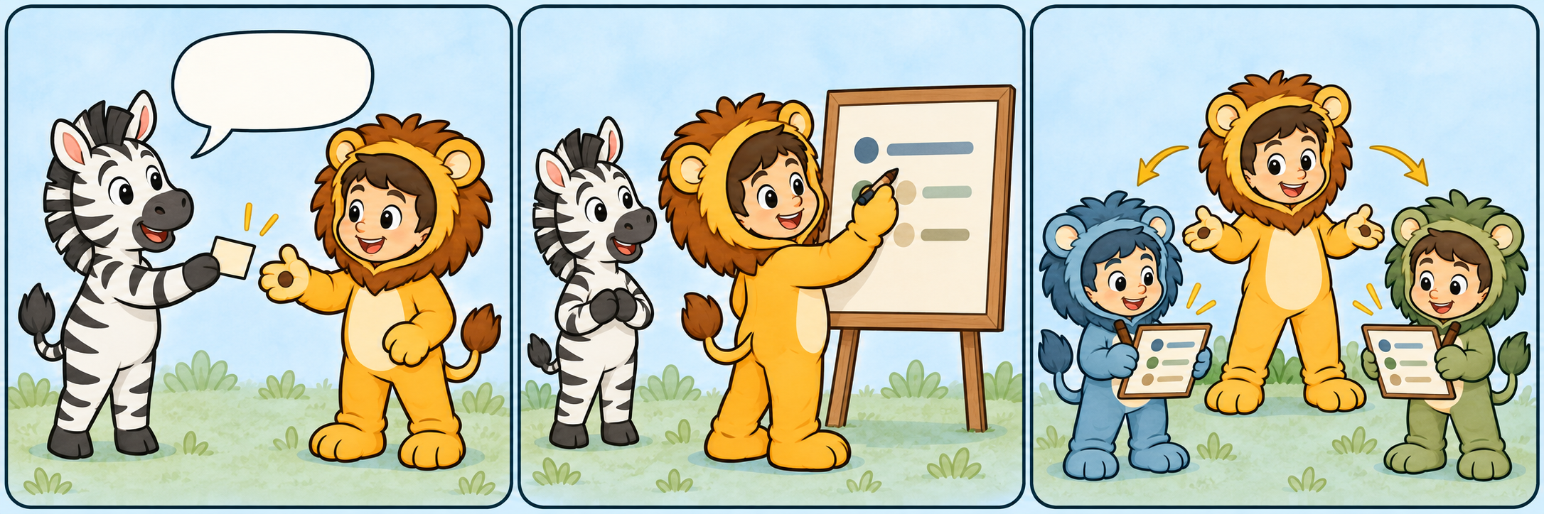 Three storyboard panels: Zebra brings a status note to Taru, Taru writes the status on a board, and the two follower lions copy the same status onto their boards.